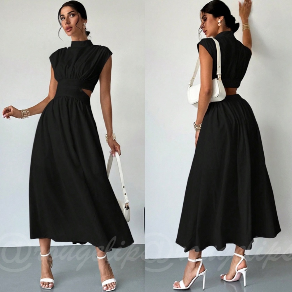 Black Long Dress High Neck Cut Out Back Flared Skirt Sleeveless